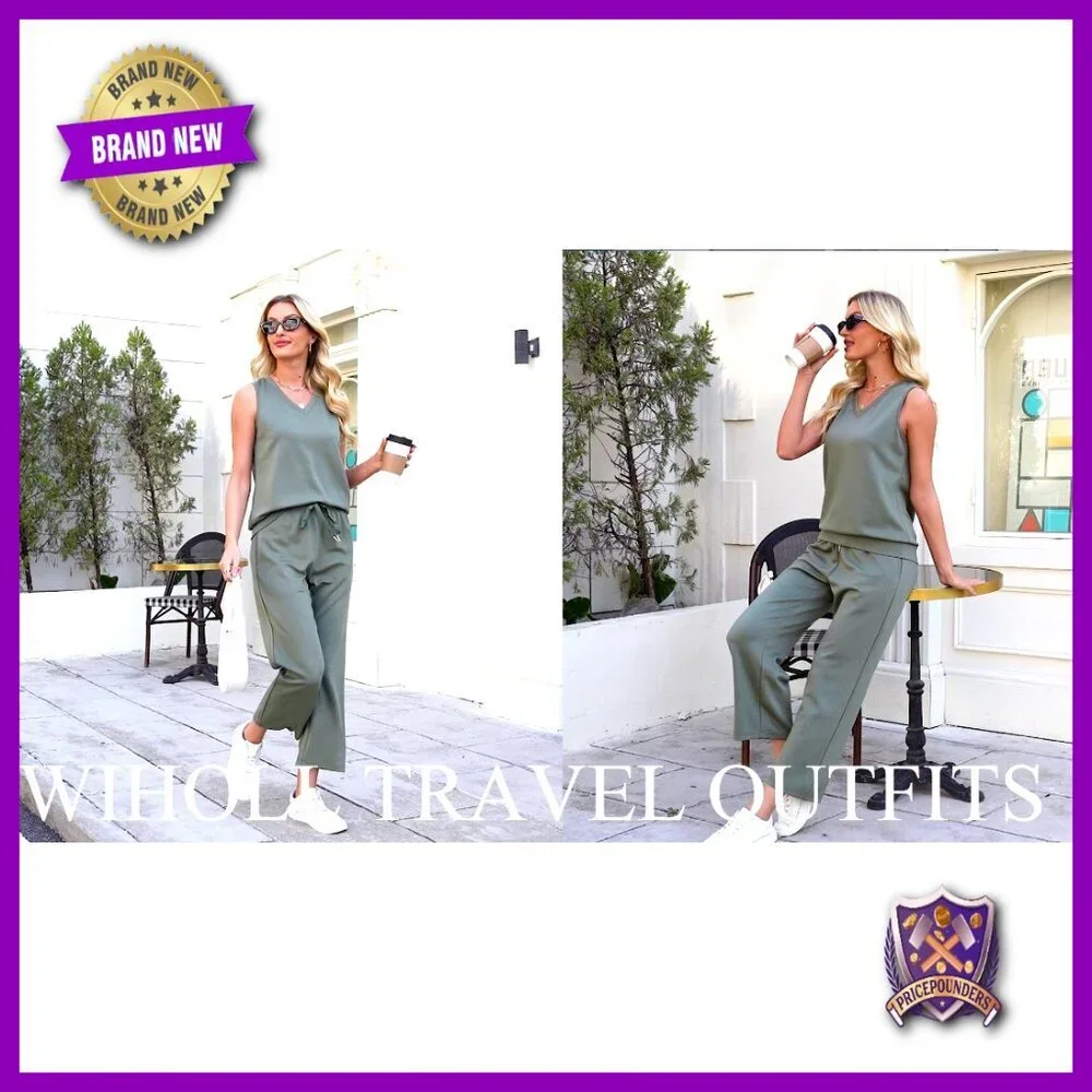 Two Piece Lounge Set V Neck Top Wide Leg Pants Minimal Comfort Outfit